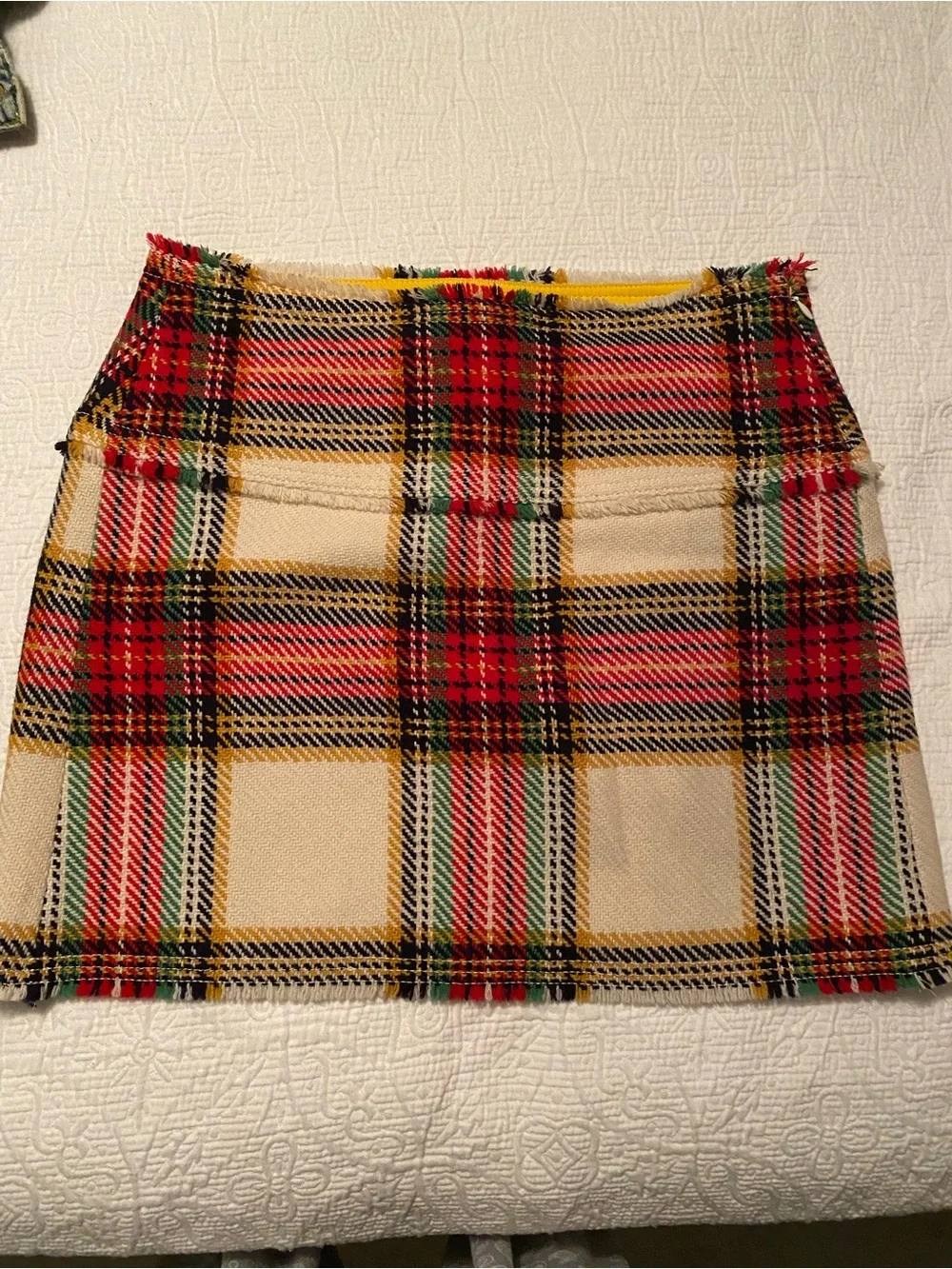 J. Crew Cream Plaid Mini Skirt with Red and Green Accents